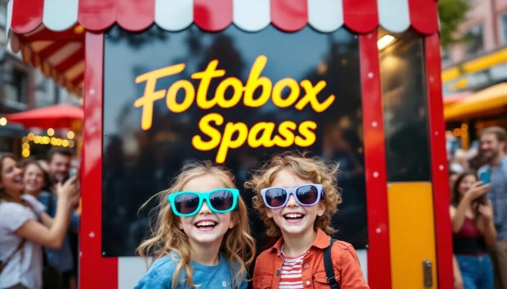 Eine fröhliche Fotobox steht auf einer Hochzeitsfeier, umgeben von lachenden Gästen, die Spaß haben und Erinnerungen festhalten. Die Atmosphäre ist festlich, und das Brautpaar posiert mit Freunden für unvergessliche Hochzeitsfotos.