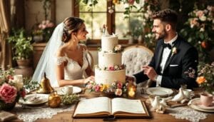 In der Abbildung sieht man eine Hochzeitsplanerin, die an einem Tisch sitzt und eine To-Do-Liste für eine bevorstehende Hochzeit erstellt. Um sie herum sind verschiedene Hochzeitsdekorationen und Informationsmaterialien verteilt, die die Vorfreude auf die Traumhochzeit widerspiegeln.