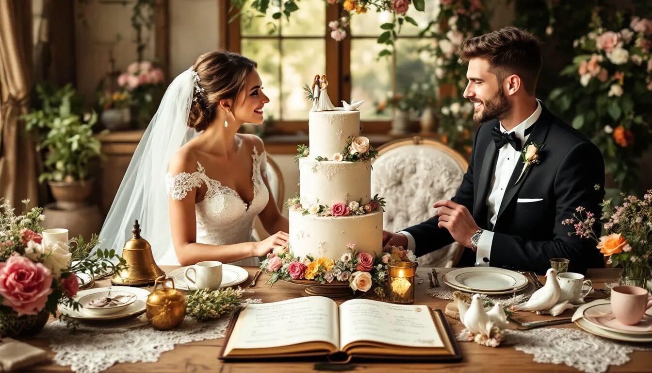 In der Abbildung sieht man eine Hochzeitsplanerin, die an einem Tisch sitzt und eine To-Do-Liste für eine bevorstehende Hochzeit erstellt. Um sie herum sind verschiedene Hochzeitsdekorationen und Informationsmaterialien verteilt, die die Vorfreude auf die Traumhochzeit widerspiegeln.