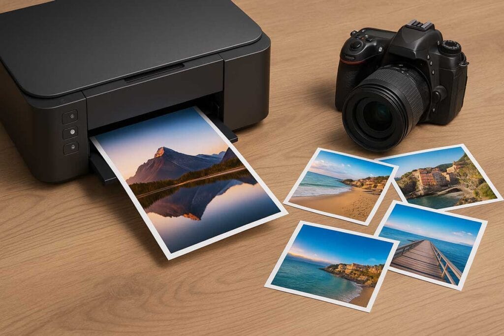 Fotodrucker: Der komplette Ratgeber für hochwertige Fotoausdrucke 2025 / 2026 1 Moderner Fotodrucker druckt hochauflösendes Landschaftsbild neben Kamera und mehreren Fotoausdrucken auf Holztisch – Symbol für hochwertige Fotodrucktechnologien 2025.